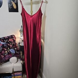 Suki So Elegant Scarlet Satin Side Slit Maxi Slip Dress